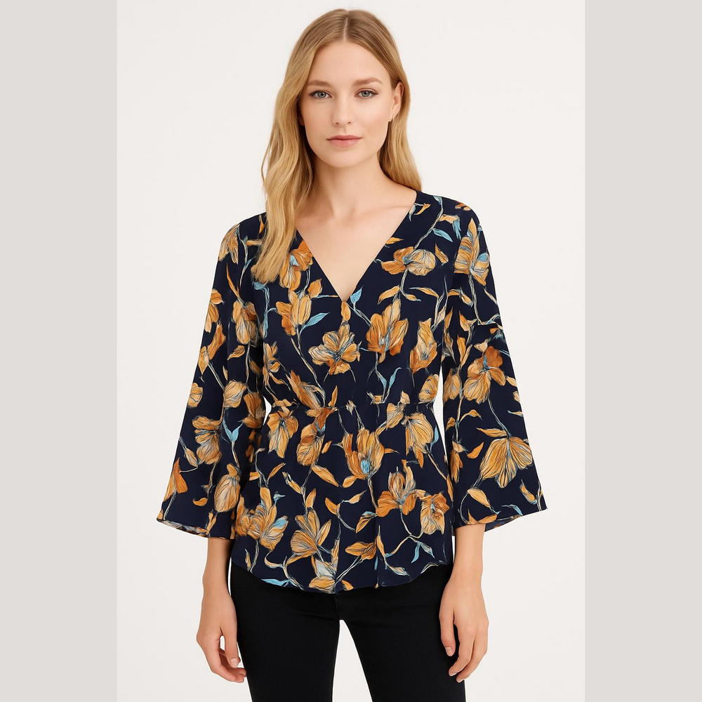 Very J Navy Floral V-Neck 3/4 Bell Sleeve Peplum Blouse Top S